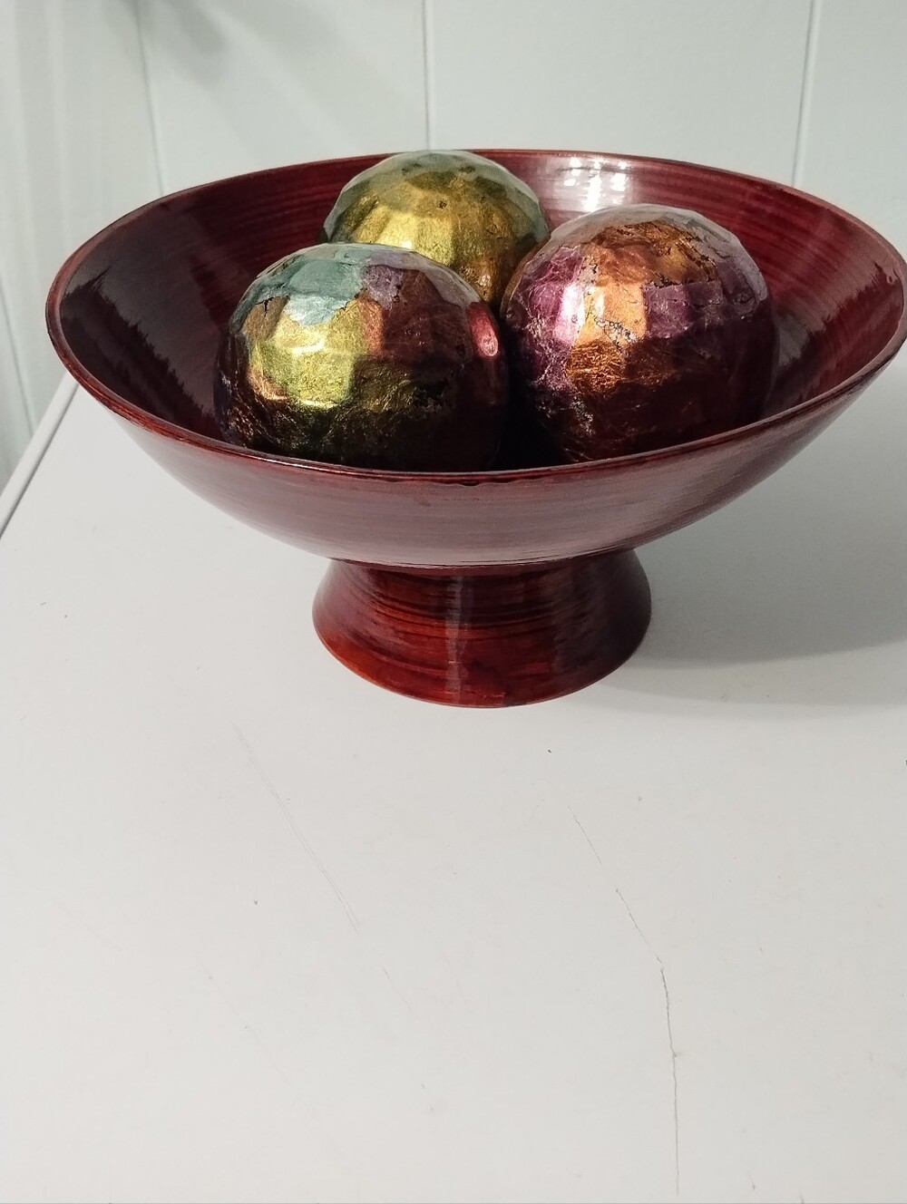 Pier 1 Large Laquered Bamboo Pedestal Bowl with Metallic Accent Spheres